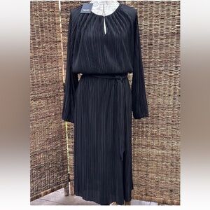 Simply Vera Vera Wang Dress Womens Large Black Pleated Long Sleeve Belted Midi